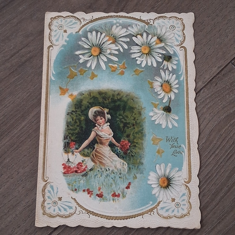 Antique Valentine Card Daisy Floral Victorian Lady Garden Scene Romantic Art